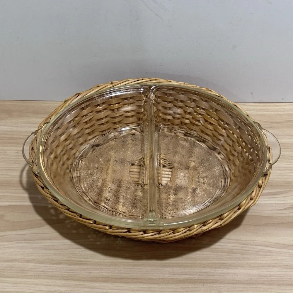 VTG Clear Glass Glasbake Divided Casserole Dish #239 w/Woven Wicker Basket Oval